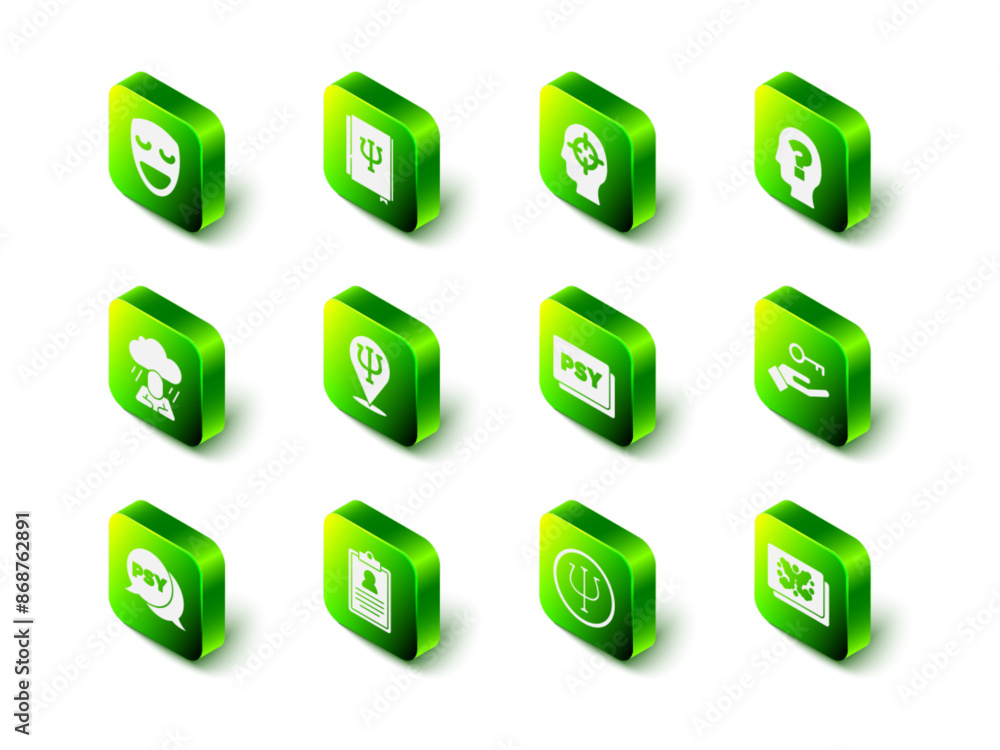 Set Psychology book, Psi, Finding a problem, Head with question mark, Solution to the, Rorschach test, Psychology,, and Medical clipboard icon. Vector Set Psychology book, Psi, Finding a problem, Head with question mark, Solution to the, Rorschach test, Psychology,, and Medical clipboard icon. Vector