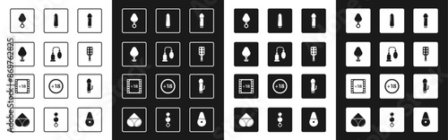 Set Dildo vibrator, Penis pump, Anal plug, Spanking paddle, and Play Video with 18 plus content icon. Vector