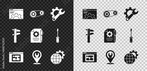 Set Browser setting, Timing belt kit, Wrench spanner and gear, House plan, Location with wrench, Globe of the Earth, Calliper or caliper scale and Document settings pen icon. Vector