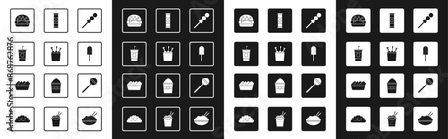 Set Meatballs on wooden stick, Chicken leg in package box, Paper glass with straw, Burger, Ice cream, Chocolate bar, Lollipop and nuggets icon. Vector