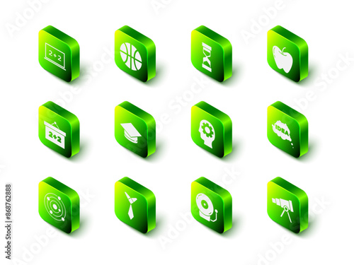 Set Basketball ball, Old hourglass with sand, Apple, Idea, speech bubble, Telescope, Head gear inside, Ringing alarm bell and Tie icon. Vector