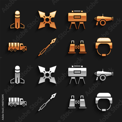 Set Medieval spear, Cannon, Military helmet, Binoculars, truck, mine, Rocket and Japanese ninja shuriken icon. Vector
