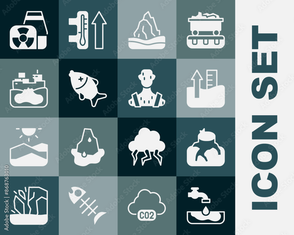 Obraz na plátně Set Water problem, Deforestation, Rise in water level, Iceberg, Dead fish, Wrecked oil tanker ship, Nuclear power plant and High human body temperature icon