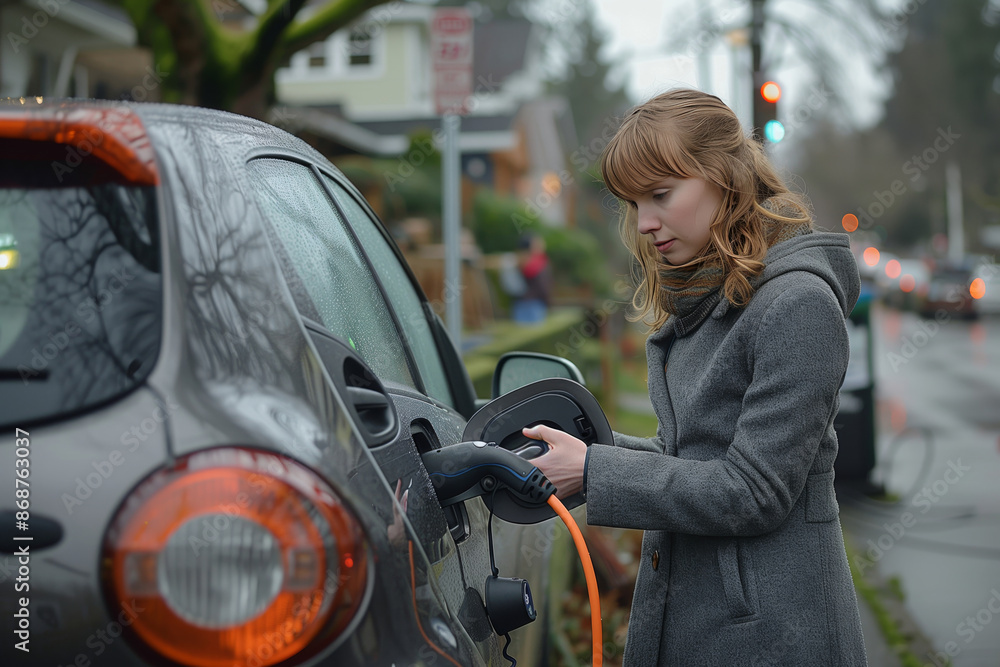 A young woman in a grey coat charges her electric car at a charging station on a rainy day. A young woman in a grey coat charges her electric car at a charging station on a rainy day.