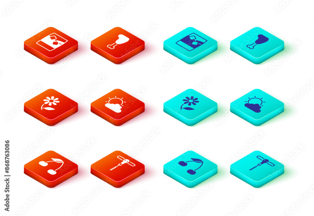 Set Cherry, Wine corkscrew, Flower, Sun and cloud weather, Chicken leg and Glass of whiskey with ice icon. Vector Set Cherry, Wine corkscrew, Flower, Sun and cloud weather, Chicken leg and Glass of whiskey with ice icon. Vector