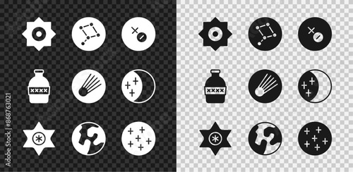 Set Falling star, Great Bear constellation, Venus symbol, Earth globe, Full moon, Bottle of water and Comet icon. Vector