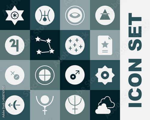 Set Cloudy weather, Falling star, Star constellation zodiac, Medallion with eye, Symbol Jupiter, and Full moon icon. Vector