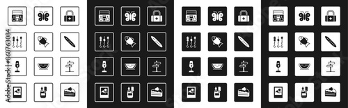 Set First aid kit, Fish, Grilled shish kebab on skewer, Home stereo with two speakers, French baguette bread, Butterfly, Road traffic sign and Wine glass icon. Vector