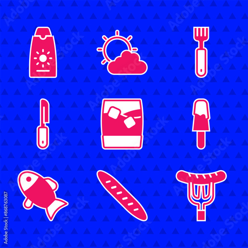 Set Glass of whiskey with ice, French baguette bread, Sausage on the fork, Ice cream, Fish, Knife, Fork and Sunscreen in tube icon. Vector