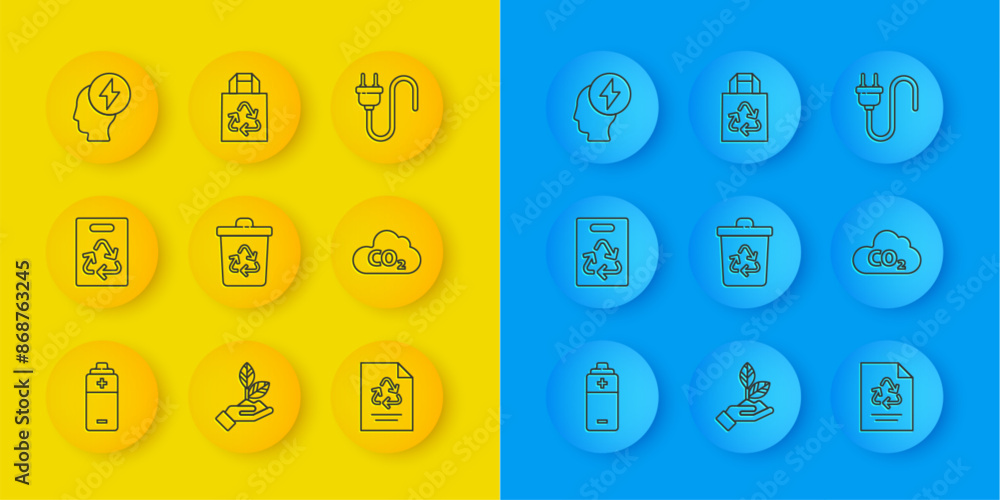 Set line Battery, Paper bag with recycle, Recycle bin, CO2 emissions cloud, Head and electric symbol, Electric plug and icon. Vector Set line Battery, Paper bag with recycle, Recycle bin, CO2 emissions cloud, Head and electric symbol, Electric plug and icon. Vector