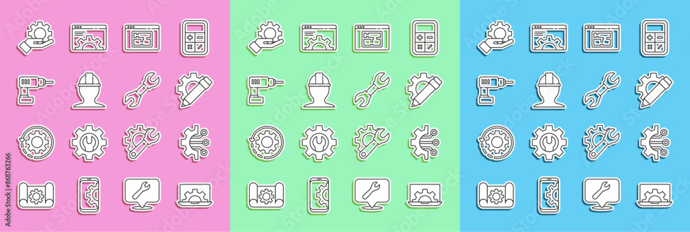Set line Laptop and gear, Algorithm, Pencil, House plan, Worker safety helmet, Electric drill machine, Settings the hand and Wrench spanner icon. Vector Set line Laptop and gear, Algorithm, Pencil, House plan, Worker safety helmet, Electric drill machine, Settings the hand and Wrench spanner icon. Vector