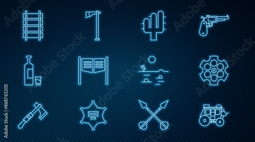 Set line Western stagecoach, Revolver cylinder, Cactus, Saloon door, Whiskey bottle and glass, Railway, railroad track, Desert landscape with cactus and Tomahawk axe icon. Vector