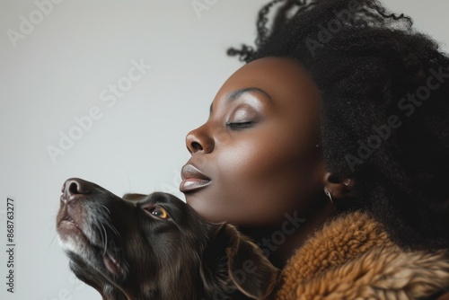 Joyful Bond: Black Woman and Her Dog photo