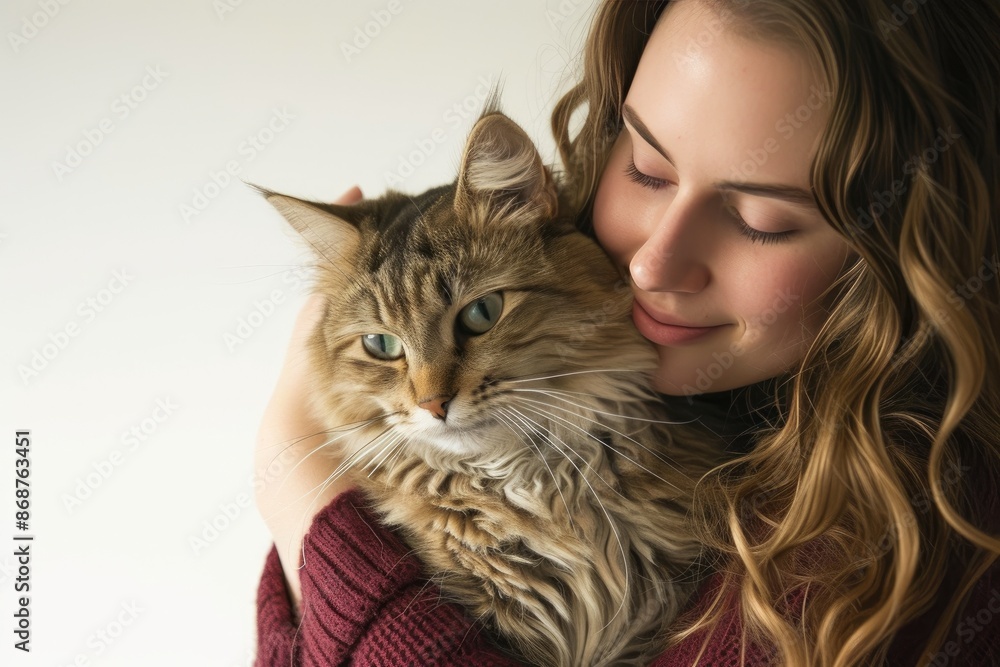 Tender Moment: Woman and Cat Bonding on White Background Tender Moment: Woman and Cat Bonding on White Background