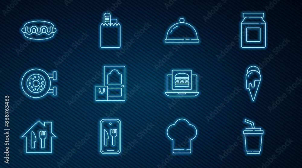 Set line Paper glass with water, Ice cream, Covered tray of food, Online ordering and delivery, Donut, Hotdog sandwich, burger and icon. Vector Set line Paper glass with water, Ice cream, Covered tray of food, Online ordering and delivery, Donut, Hotdog sandwich, burger and icon. Vector
