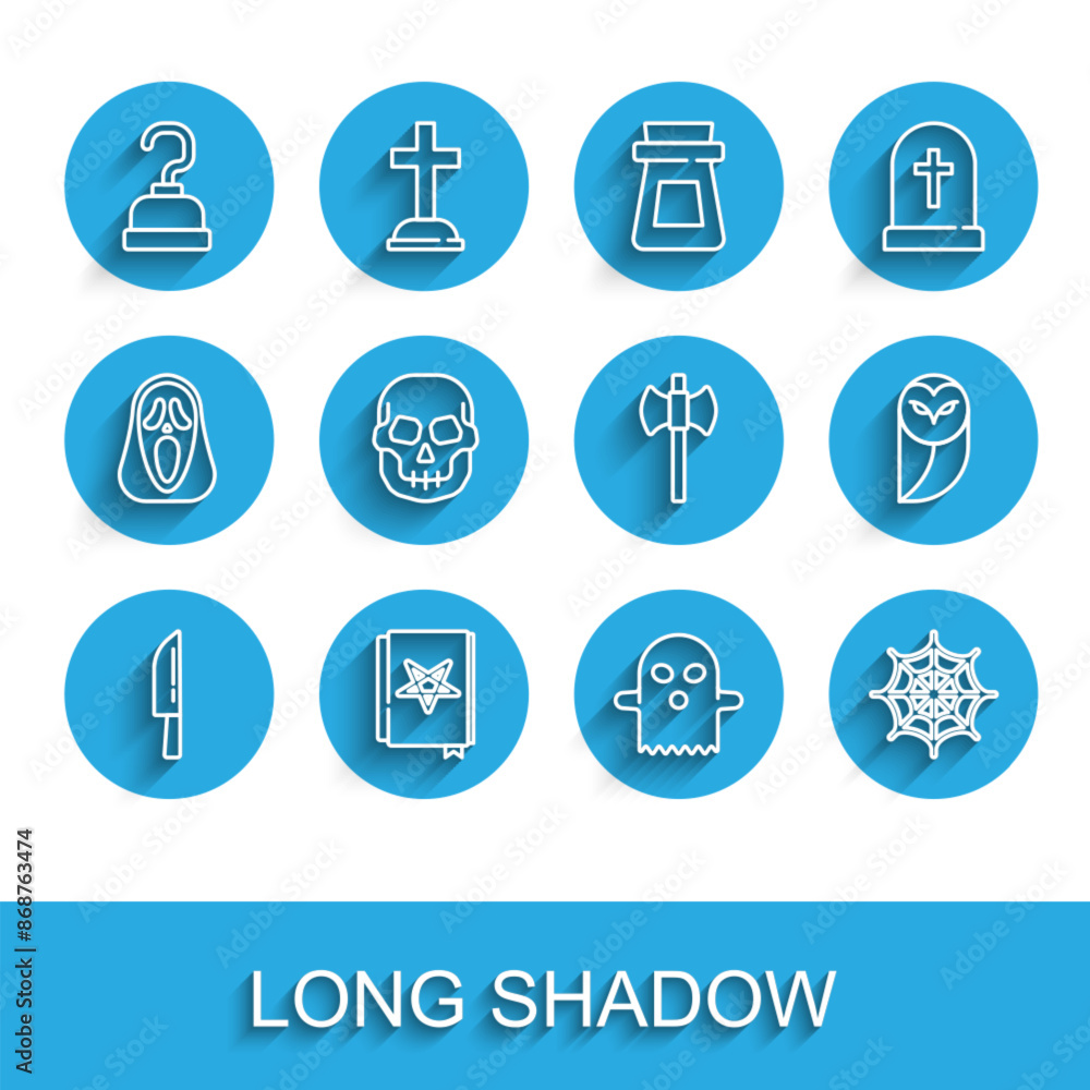 Set line Knife, Ancient magic book, Pirate hook, Ghost, Spider web, Skull, Owl and Wooden axe icon. Vector Set line Knife, Ancient magic book, Pirate hook, Ghost, Spider web, Skull, Owl and Wooden axe icon. Vector