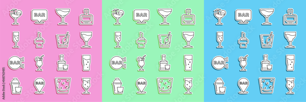 Set line Glass of beer, Wine glass, Wooden cork for wine, champagne, Cocktail and Bloody Mary icon. Vector Set line Glass of beer, Wine glass, Wooden cork for wine, champagne, Cocktail and Bloody Mary icon. Vector