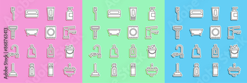 Set line Washbasin with water tap, Bucket soap suds, Water, Tube of toothpaste, Bathtub, Shaving razor, Toothbrush and Condom package safe sex icon. Vector
