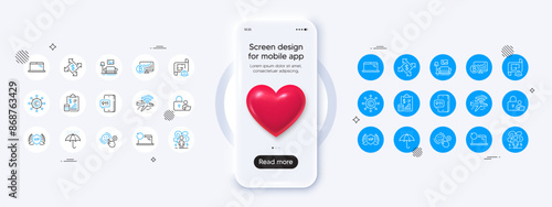 Phone mockup with 3d heart icon. Emergency call, Laptop and Waterproof umbrella line icons. Pack of Lock, Customer satisfaction, Bitcoin chart icon. Vip security, Furniture, Report pictogram. Vector