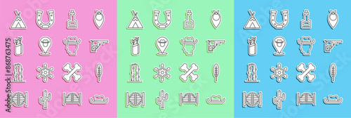 Set line Western cowboy hat, Indian feather, Revolver gun, Tabasco sauce, Location, Quiver with arrows, teepee or wigwam and Cowboy icon. Vector
