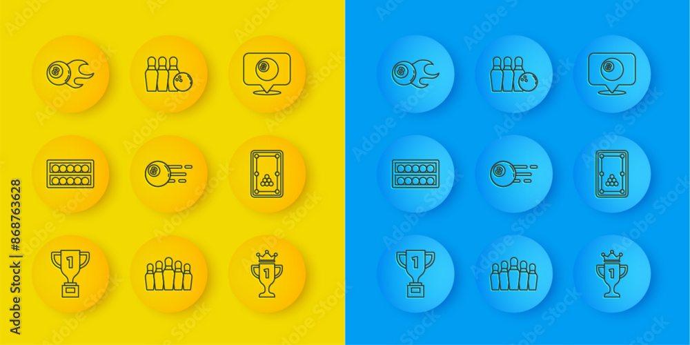Set line Award cup, Billiard balls on stand, table, Location with billiard and Bowling pin icon. Vector Set line Award cup, Billiard balls on stand, table, Location with billiard and Bowling pin icon. Vector