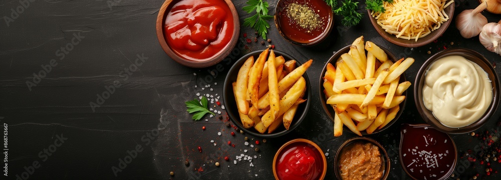 French fries surrounded by various sauces in small bowls. A little grated cheese for extra flavor. Some fresh herbs and mayonnaise. Copy space. French fries surrounded by various sauces in small bowls. A little grated cheese for extra flavor. Some fresh herbs and mayonnaise. Copy space.