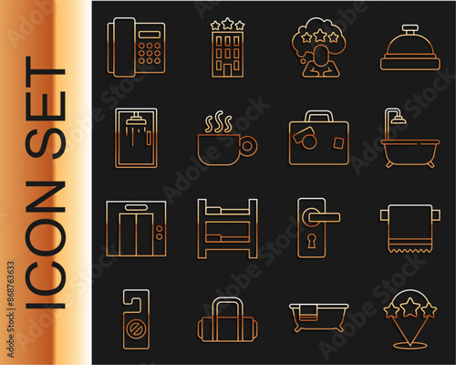 Set line Five stars rating review, Towel on hanger, Bathtub with shower, Coffee cup, Shower cabin, Telephone handset and Suitcase icon. Vector