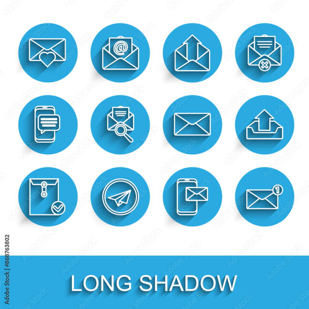 Set line Envelope and check mark, Paper plane, with Valentine heart, Mobile envelope, magnifying glass, Upload inbox and icon. Vector Set line Envelope and check mark, Paper plane, with Valentine heart, Mobile envelope, magnifying glass, Upload inbox and icon. Vector