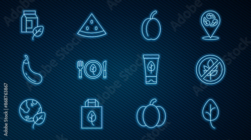 Set line Leaf or leaves, Gluten free grain, Plum fruit, Vegan food diet, Eggplant, milk, Organic cosmetic and Watermelon icon. Vector