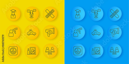 Set line Peace, Police beat human, car and flasher, Gender equality, Megaphone dollar, Graduate graduation cap, Censored stamp and Freedom of speech icon. Vector