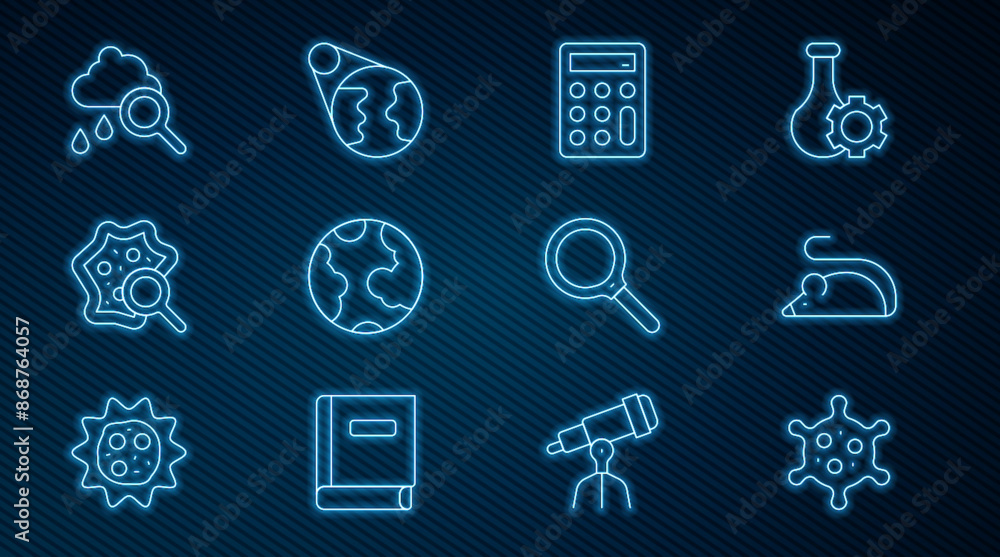 Set line Virus, Experimental mouse, Calculator, Earth globe, Microorganisms under magnifier, Cloud with rain, Magnifying glass and icon. Vector Set line Virus, Experimental mouse, Calculator, Earth globe, Microorganisms under magnifier, Cloud with rain, Magnifying glass and icon. Vector