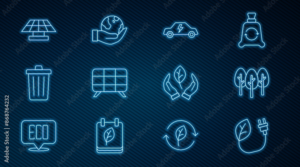 Set line Electric saving plug in leaf, Tree, car, Solar energy panel, Trash can, Leaf hand and Hand holding Earth globe icon. Vector Set line Electric saving plug in leaf, Tree, car, Solar energy panel, Trash can, Leaf hand and Hand holding Earth globe icon. Vector