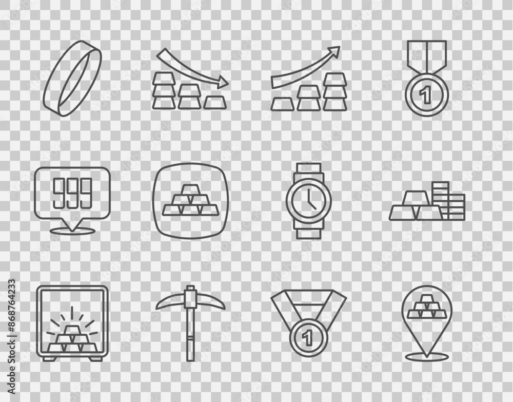 Set line Safe with gold bars, Gold, Growth arrow, Pickaxe, ring, medal and coin icon. Vector Set line Safe with gold bars, Gold, Growth arrow, Pickaxe, ring, medal and coin icon. Vector
