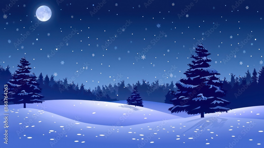 Beautiful snowy night with moon, stars, and trees in a winter landscape Beautiful snowy night with moon, stars, and trees in a winter landscape