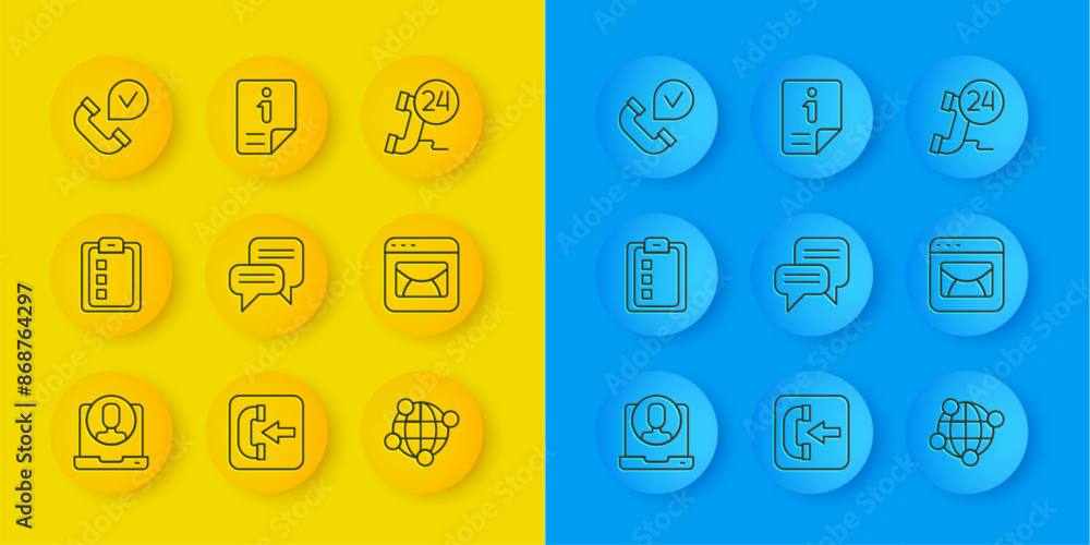 Set line Telephone 24 hours support, Online quiz, test, survey, Speech bubble chat, Global technology, Mail and e-mail, handset, and Information icon. Vector Set line Telephone 24 hours support, Online quiz, test, survey, Speech bubble chat, Global technology, Mail and e-mail, handset, and Information icon. Vector
