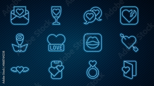 Set line Valentines day flyer, Amour with heart and arrow, Heart speech bubble, Flower rose, Envelope, Smiling lips and Glass of champagne icon. Vector