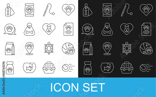 Set line Pet toys ball, World pet, Medical clinical record, cat, Dog collar with bone, Paw print, and Heart dog icon. Vector