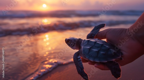 Small sea turtle in hand on the seashore at sunset. A woman's hand releases the turtle into freedom. Copy space. photo