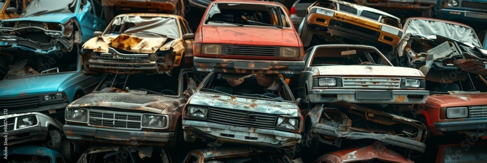 Obraz premium Pile of scrap waste of cars for recycling. Smashed destroyed car wrecks on car junkyard