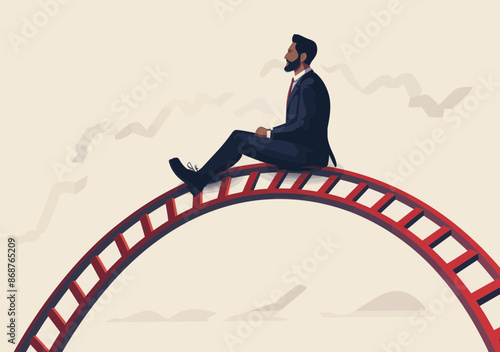 Businessman Riding Roller Coaster on Financial Chart, Conceptual Illustration of Market Volatility, Business Risks and Opportunities, Minimalistic Vector with Professional Man on Amusement Ride