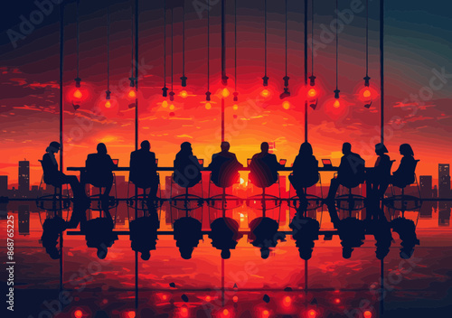 Silhouetted Business Meeting at Sunset in Modern Office with City Skyline, Vibrant Lighting Reflections, Corporate Teamwork and Collaboration, Business Strategy Discussion