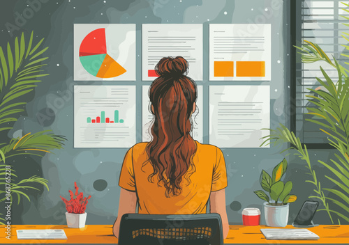 Business Team Learning Presentation with Teacher, Illustrated Vector Concept of Education, Office Environment, Minimalistic Design, Focus on Charts and Data, Daytime Setting