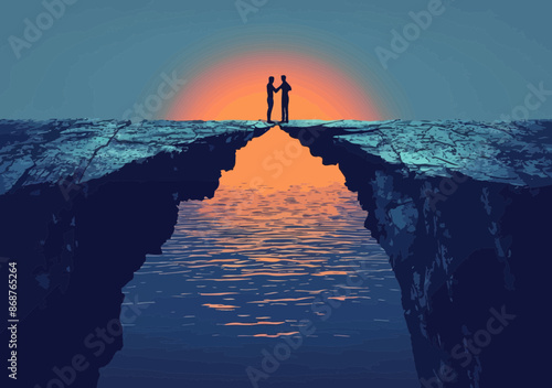 Investor Supporting Manager Bridging Gap Concept - Financial Assistance and Business Support at Sunset, Vector Illustration