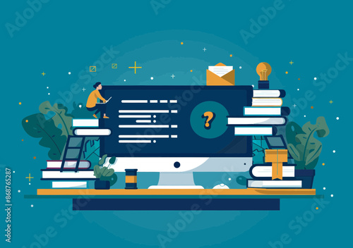 Distance Learning Concept with Student Studying Online at Computer Surrounded by Books and Virtual Elements Vector Illustration