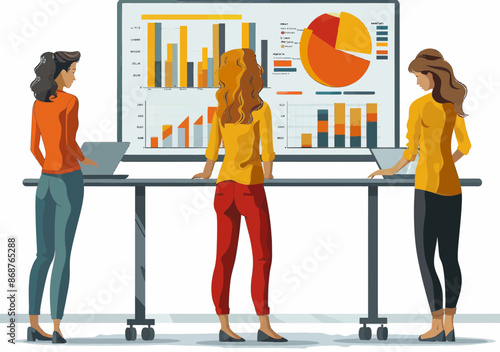 Female Leader with Team Analyzing Data on Flipchart, Collaborative Business Meeting, Data Visualization, Teamwork, Office Setting, Daytime, Decision Making, Strategic Planning