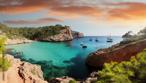 turquoise waters at font de sa cala beach in mallorca are surrounded by rugged rocks and lush green scenery