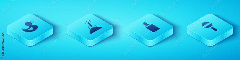 Set Isometric Rubber duck, Sandbox with sand and shovel, Rattle baby toy and Baby bottle icon. Vector Set Isometric Rubber duck, Sandbox with sand and shovel, Rattle baby toy and Baby bottle icon. Vector