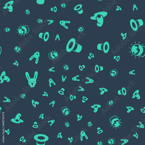 Set Magic hat, Witch, Rabbit with ears and ball on seamless pattern. Vector