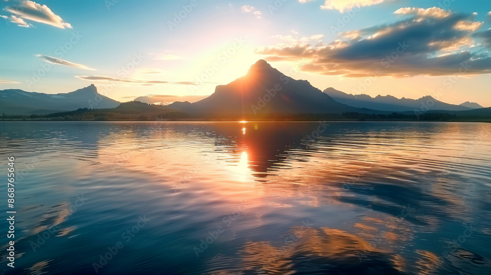 Majestic mountain peak reflects tranquil sunset on water, AI Generative. Majestic mountain peak reflects tranquil sunset on water, AI Generative.