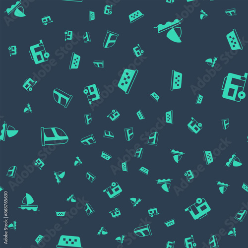 Set Taxi car roof, Yacht sailboat, Train and railway and Rv Camping trailer on seamless pattern. Vector